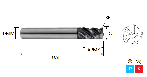 20.0mm 5 Flute (1.0mm Radius) Long Series Roughing Pulsar DMX Carbide End Mill (Flatted Shank)